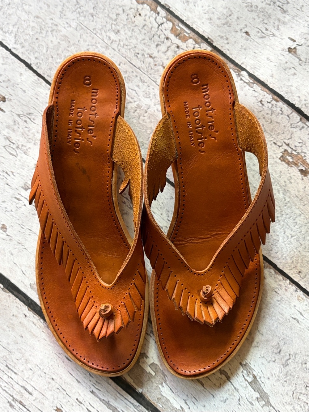 Leather Fringe Thong Sandals - Tan